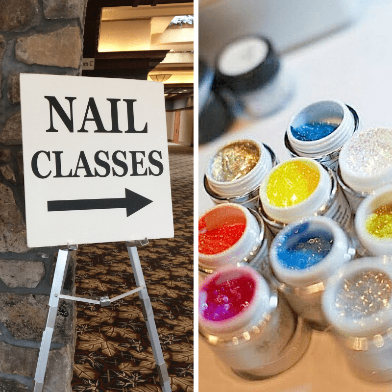 A sign that says nail classes and some paint