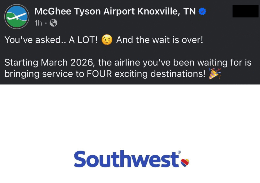Southwest coming to Knoxville airport in March 2026 Southwest terminal coming March 2026!