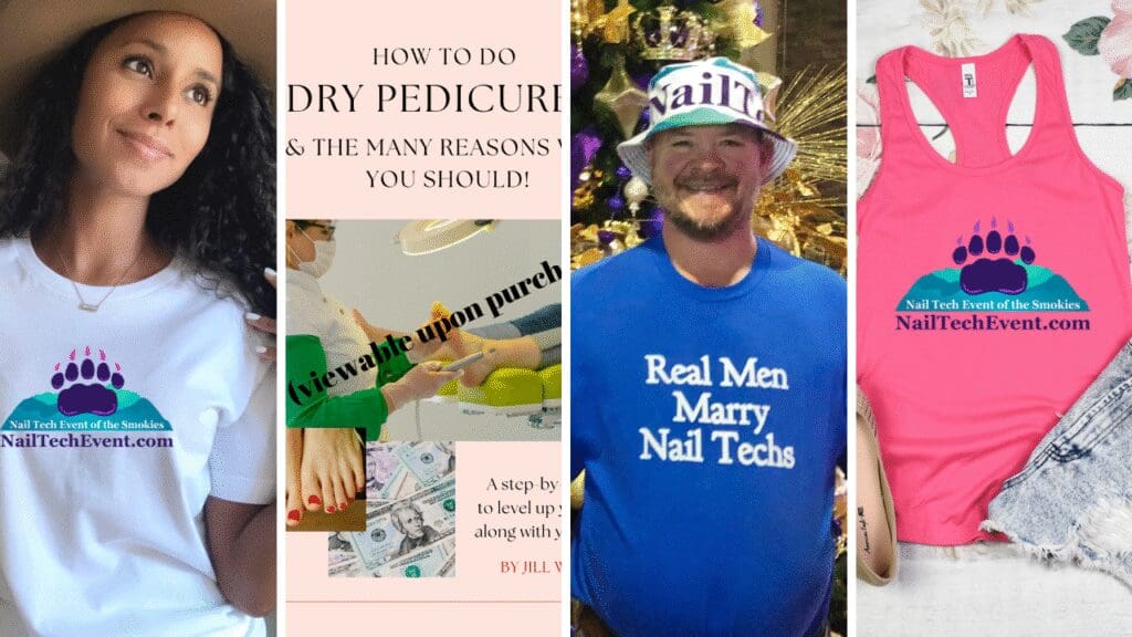 Smokies Nail Show woman wearing t-shirt, e-book, man wearing blue shirt & pink tank top with Smokies logo