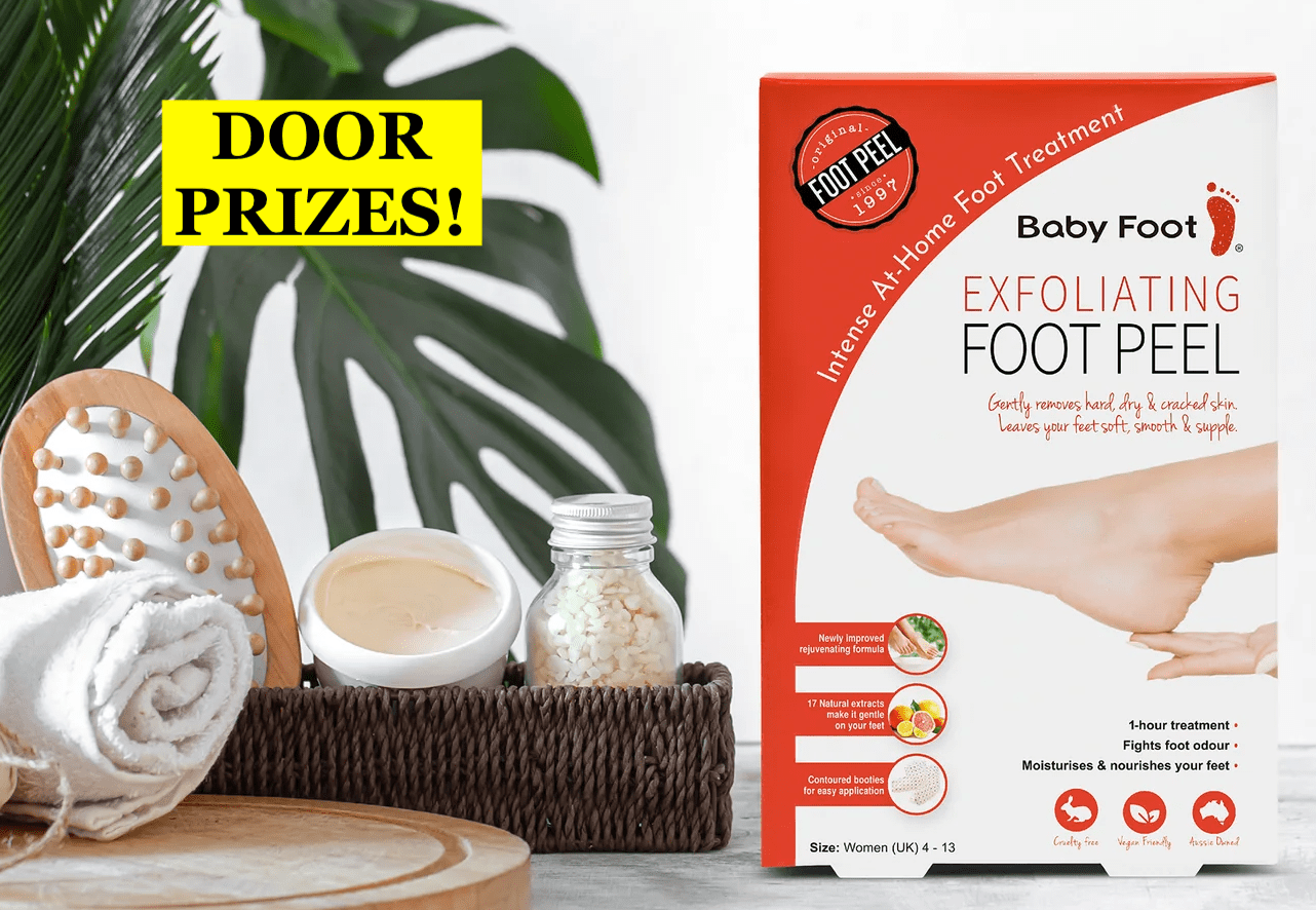 palm frond with loofah disc, glass bottle, red & white box with foot on it