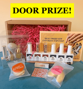 nail products in white bottles with 2 fortune cookies & a box with red shredded crinkly paper inside it