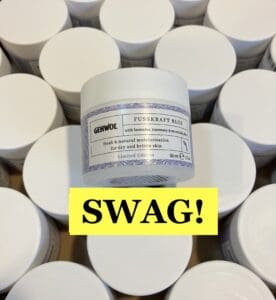 white plastic containers with lavendar label