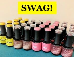 colorful gel polish labels on bottles with black caps & round circle with matching color on top