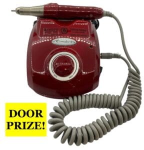 Red & grey electric file with yellow box & black text inside reading "door prize"