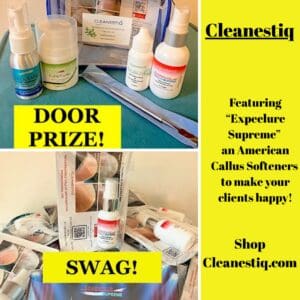 Cleanestiq pedicure kit & plastic bottle shrink wrapped with yellow box telling about the products