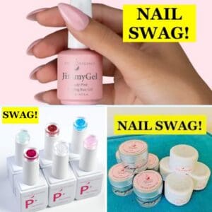 hand holding a Light Elegance nail gel bottle with other nail products underneath listed as nail swag