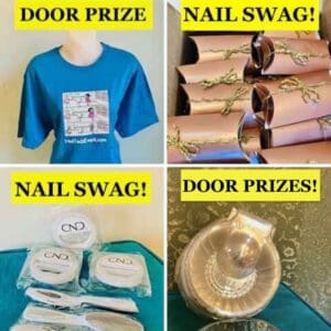 blue t-shirt, gold pillow packs, white nail products & clear bowls