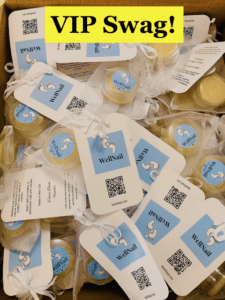 blue & white rectangles with QR code attached to round plastic containers with blue lable