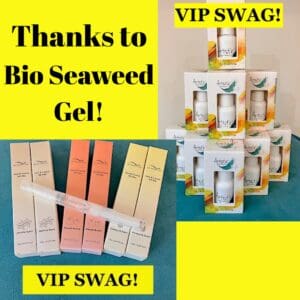2 photos of various Bio Seaweed Gel products & text indicating VIP swag