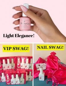 Hand holding Light Elegance gel bottle above 2 squares with white & pink gel polishes.