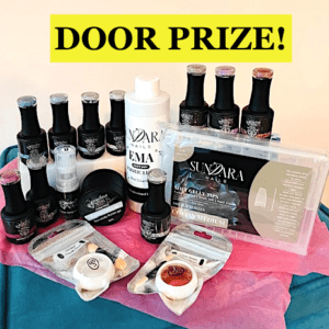 Acrylic monomer in white plastic bottle, box of tips & multiple black bottles of gel polish by Sundara nail company